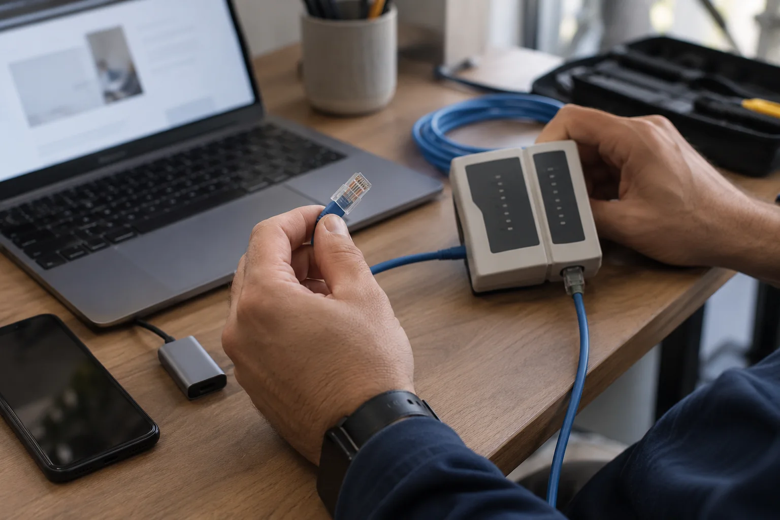 手部正在检查网线接口,旁边放有网络测试工具、USB-C转接器和手机