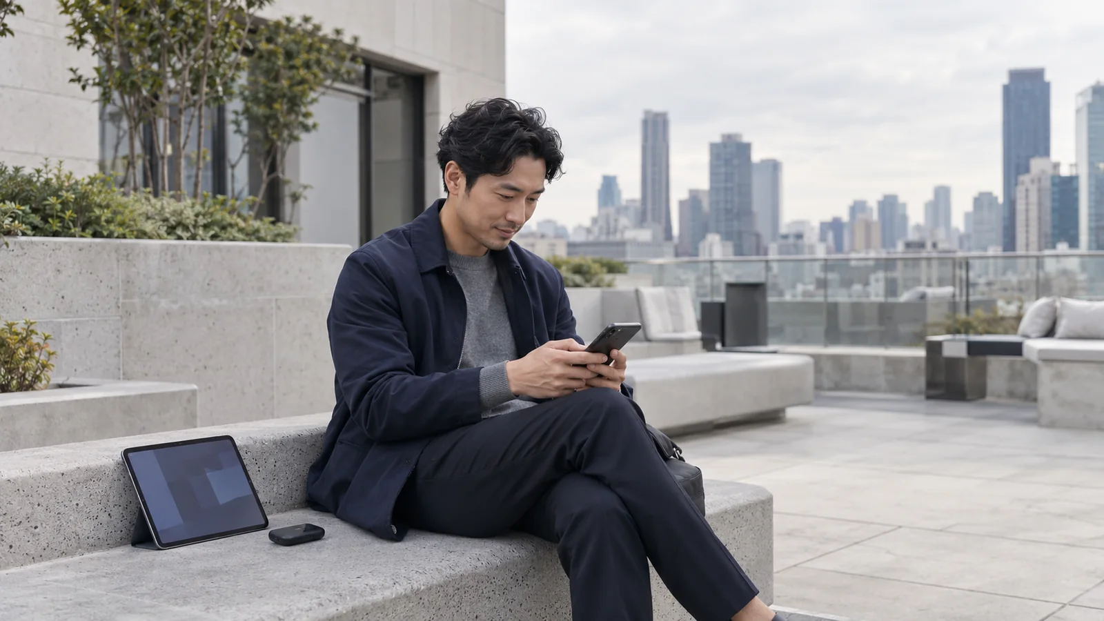 城市建筑共享休息平台上使用手机的成年人,旁边放有平板与便携热点