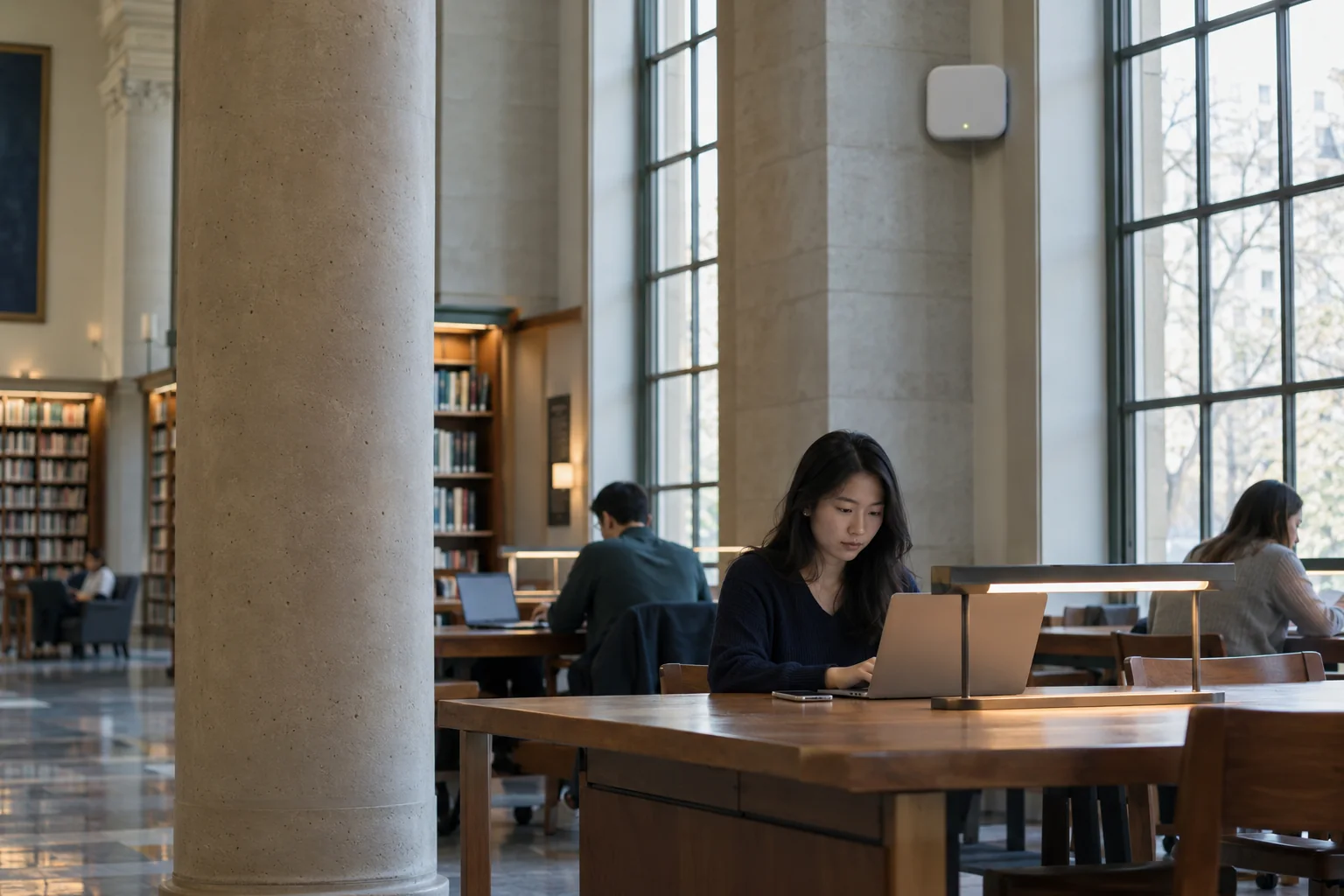 现代图书馆共享学习区域中使用笔记本的成年人和桌面的手机