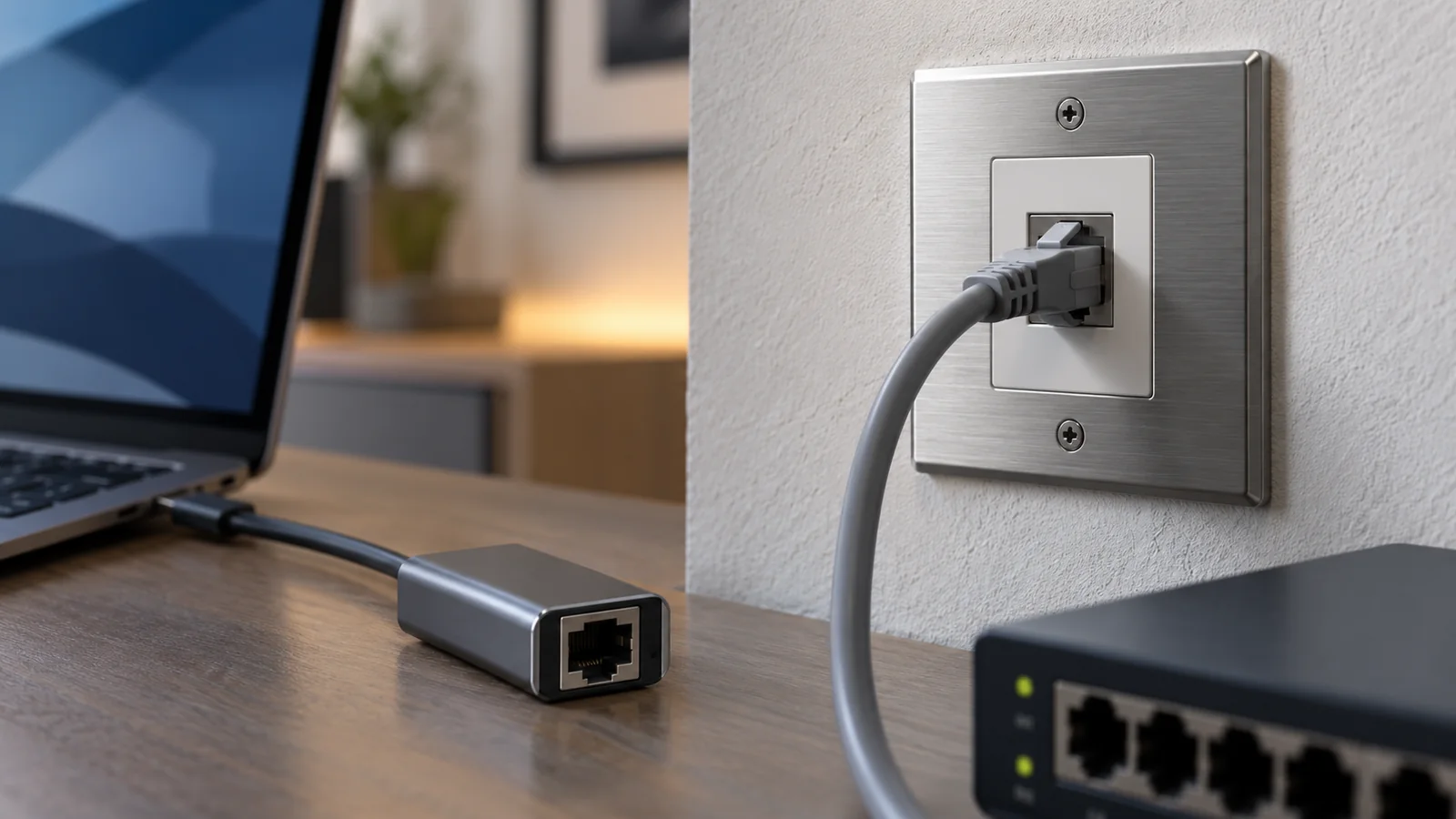 墙面RJ45网口旁的网线、USB-C网络转接器与交换设备局部